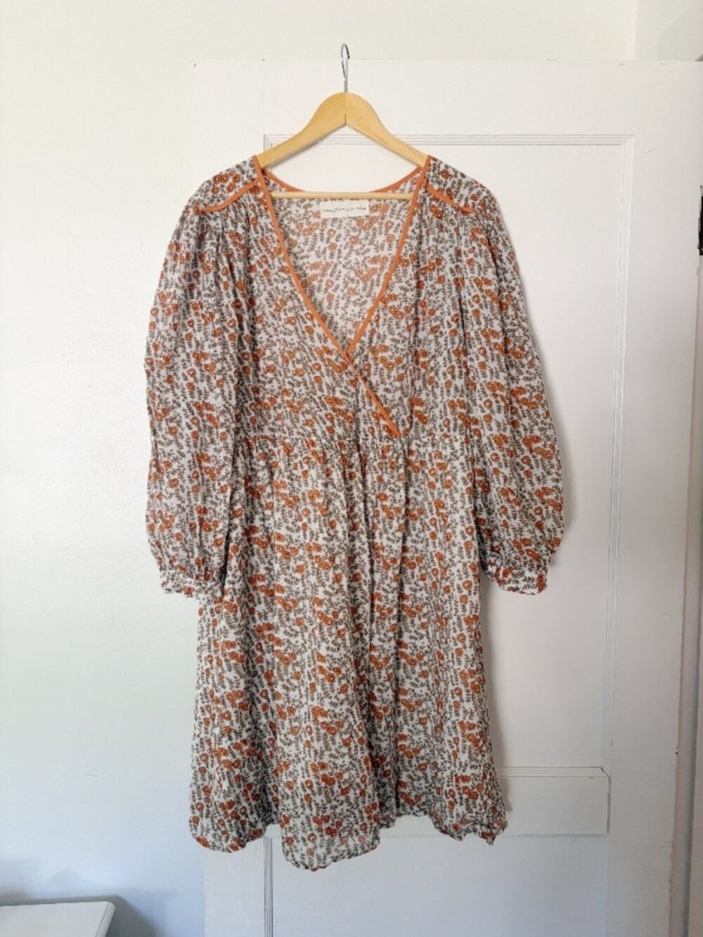 Daughters of India Binita Mini Dress Size Large Apricot Floral Cotton Boho Indie